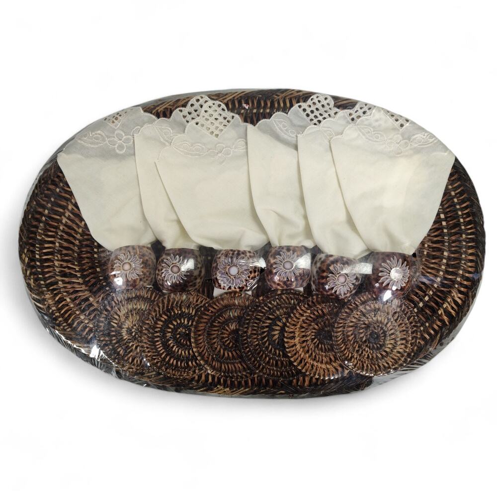 Vintage Tiki Coastal Place Setting For 6 Brown Rattan Placemat Coaster Napkins